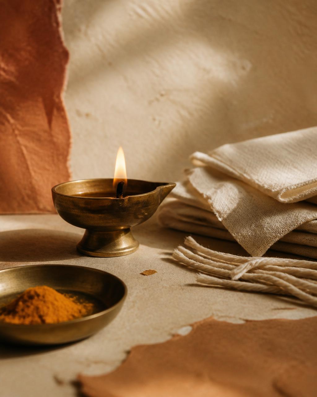 Brass diya with a steady flame beside folded cotton cloth, cotton wicks and turmeric in a brass bowl